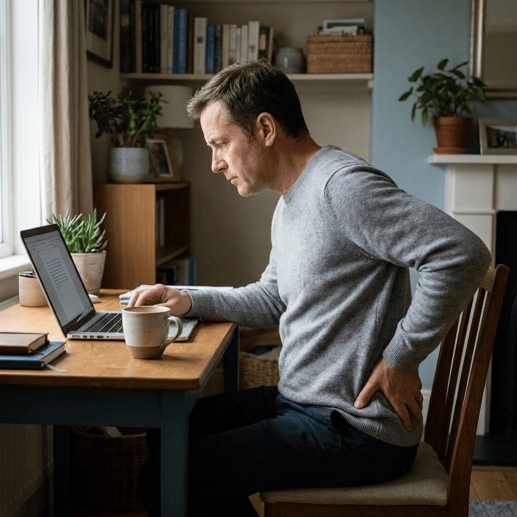 A man working at a home desk for a long stretch, hand near his lower back