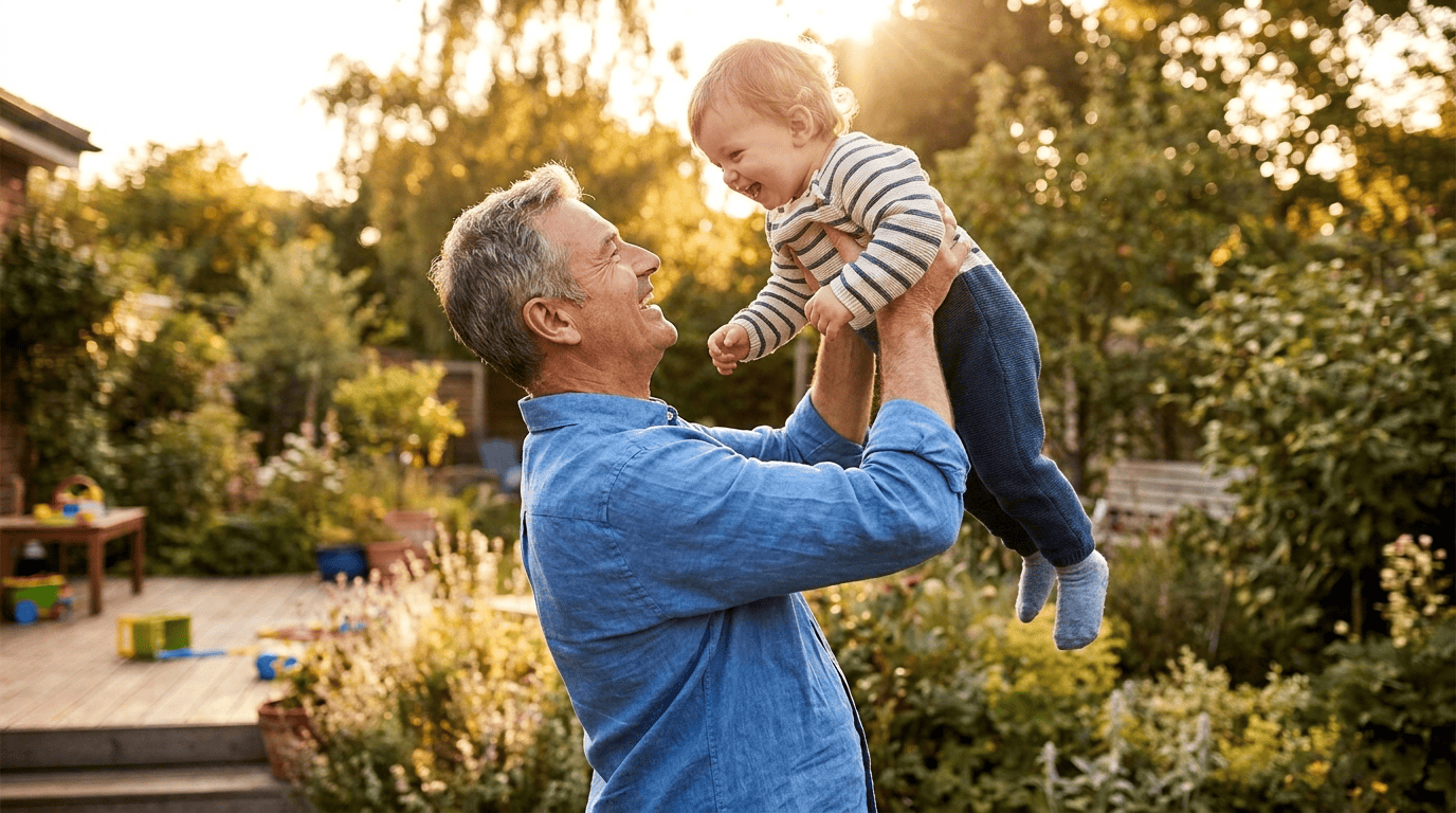 A joyful grandfather lifting his laughing grandchild in a sunny backyard