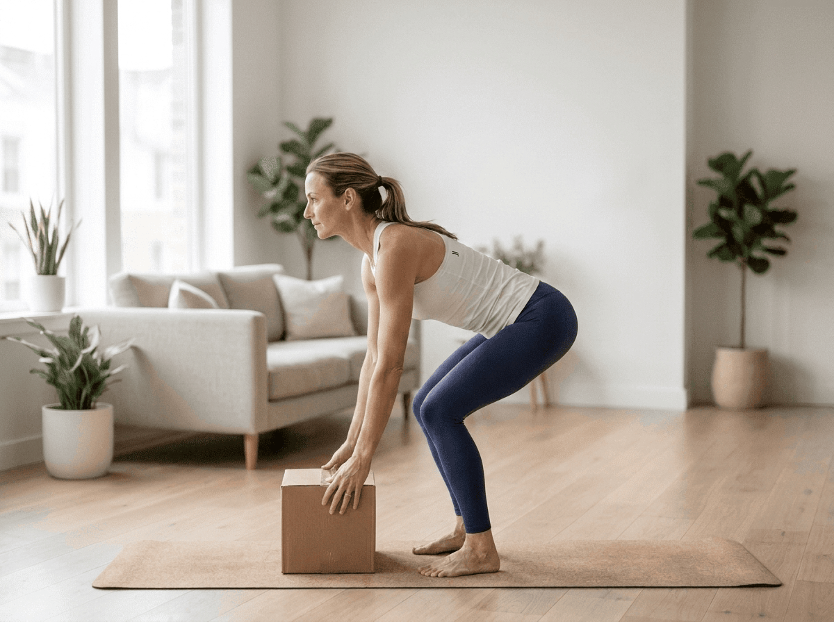 Physical therapist starting a hip-hinge lift, reaching for a box