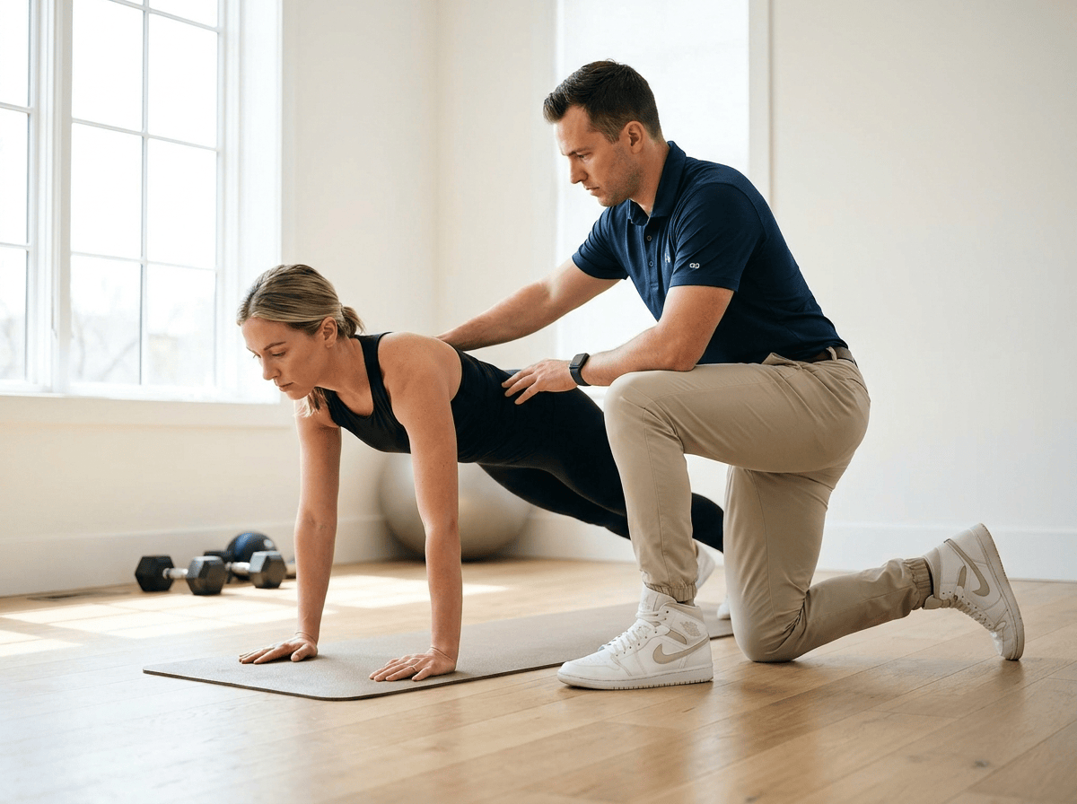 A physical therapist hands-on coaching a client through a bird-dog exercise
