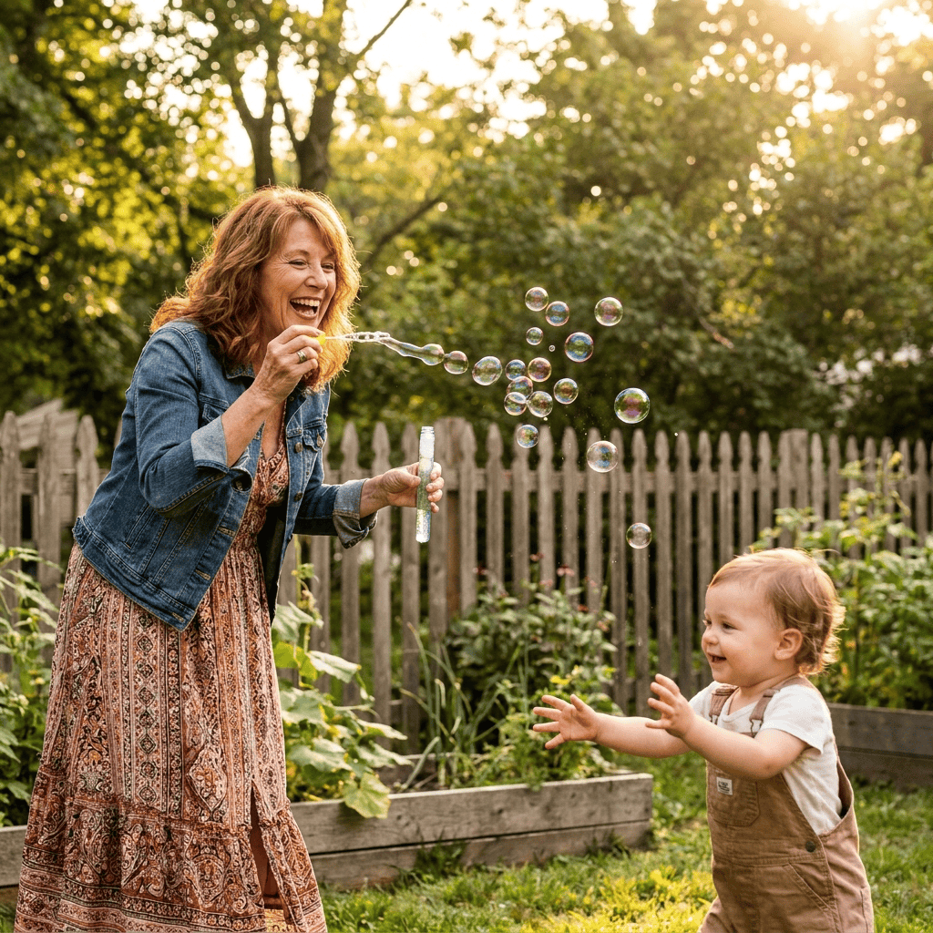 A grandmother blowing bubbles with a laughing toddler in a backyard