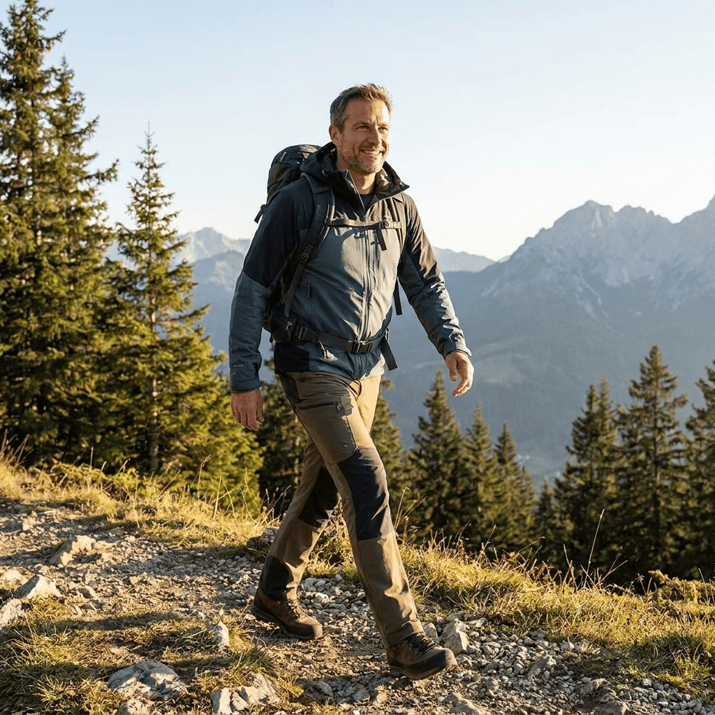 A man hiking a scenic mountain trail with a backpack