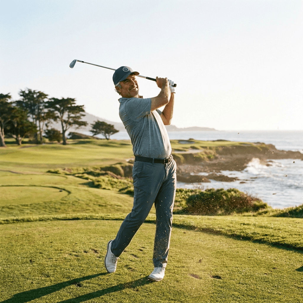 A golfer completing a smooth swing follow-through on a coastal course