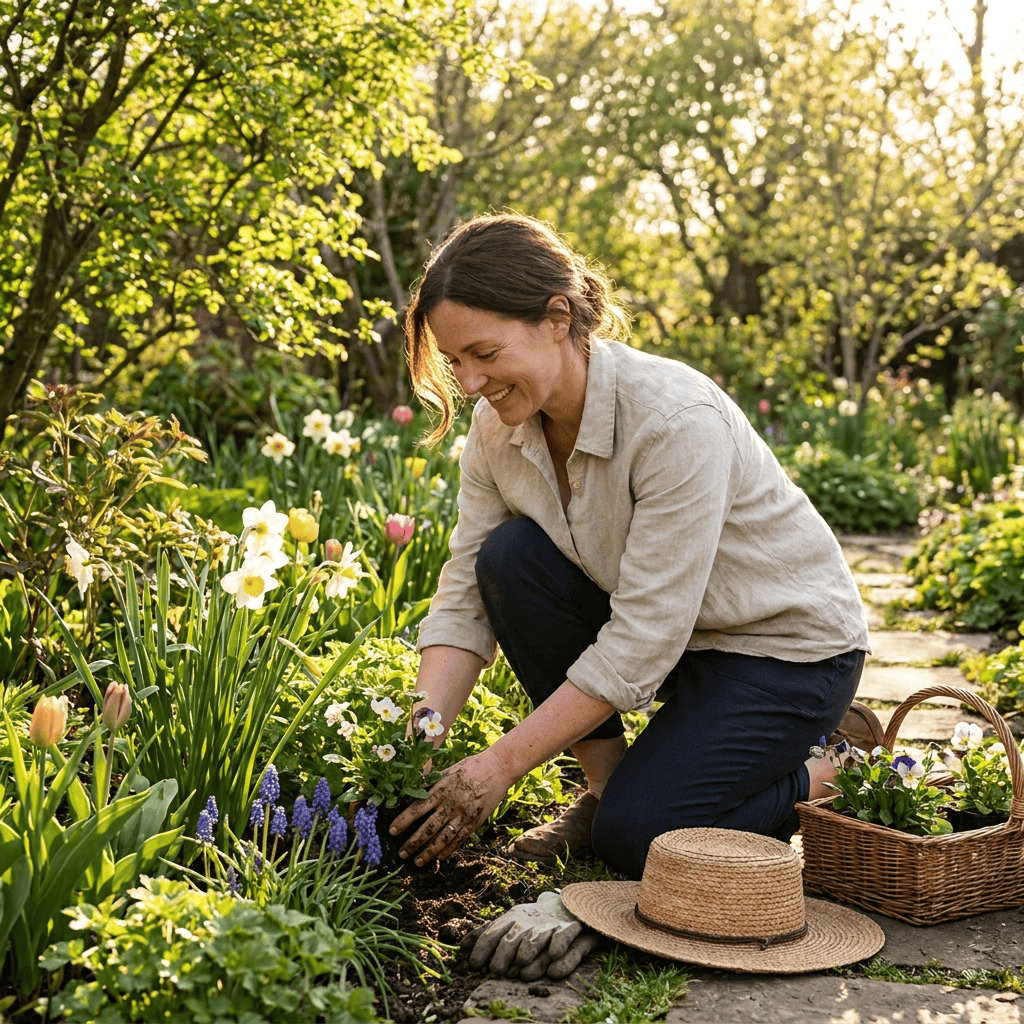 A woman kneeling comfortably in a garden, planting flowers