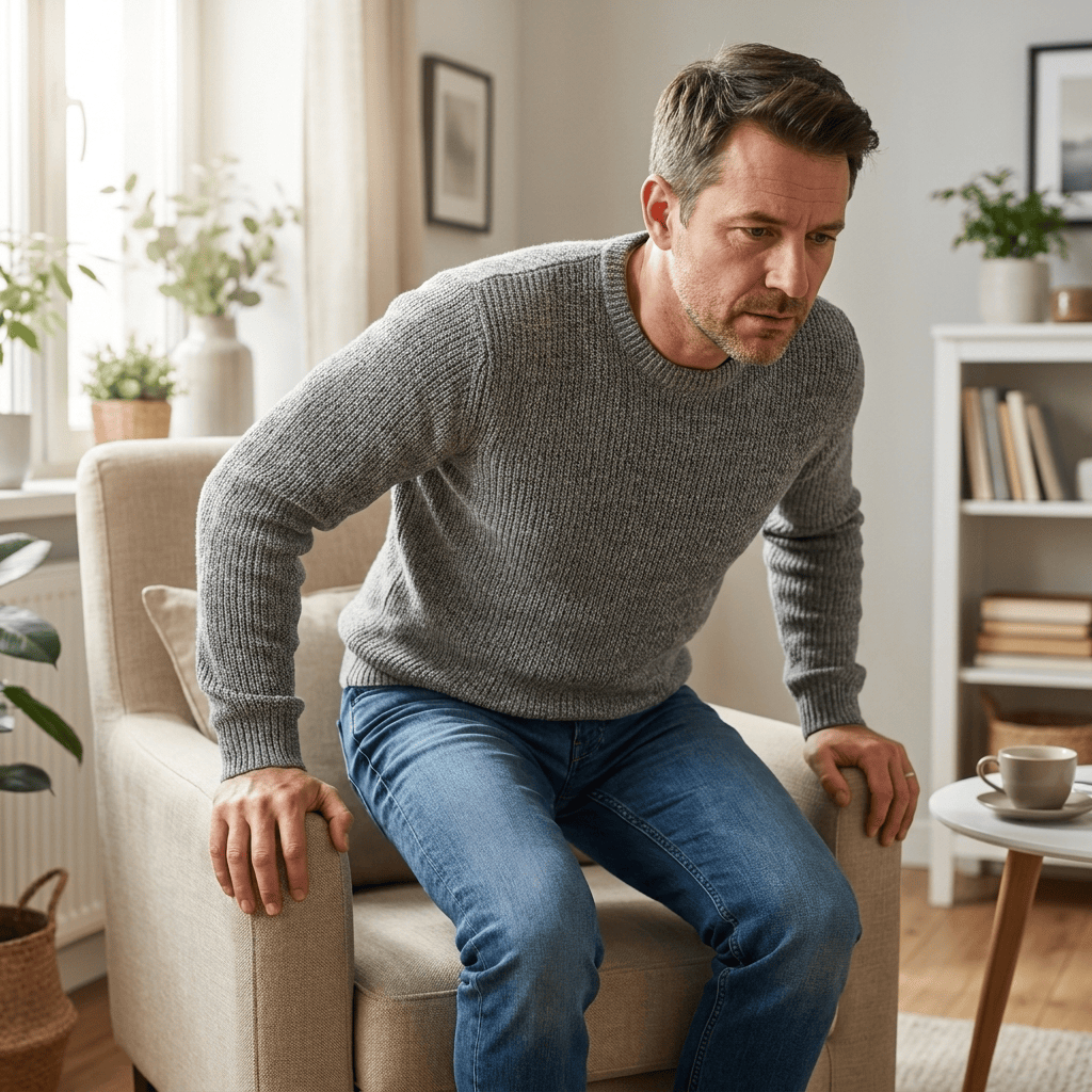 A man carefully rising from an armchair, guarding his lower back