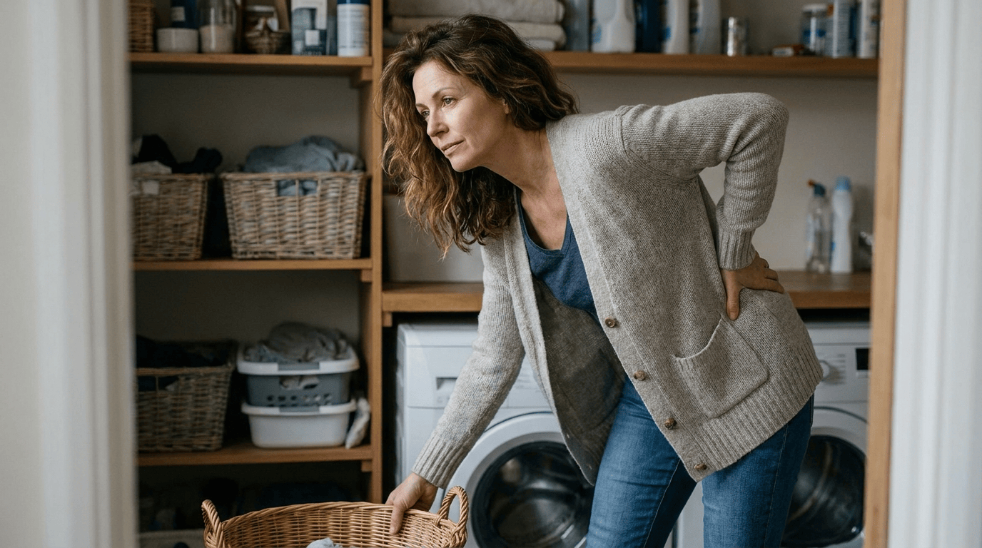 A woman pausing with a hand near her lower back before lifting a laundry basket