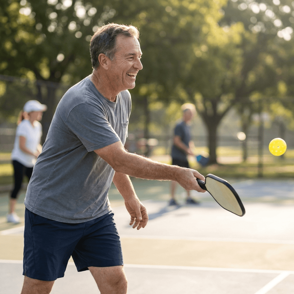Pickleball, mid-swing