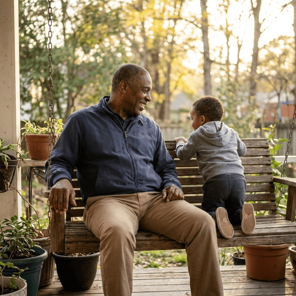 Grandfather & grandchild, porch