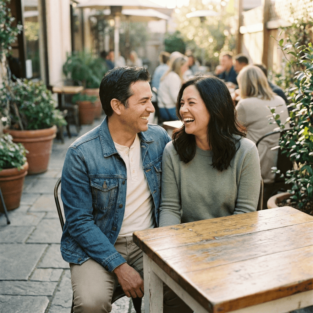 Couple laughing, café table