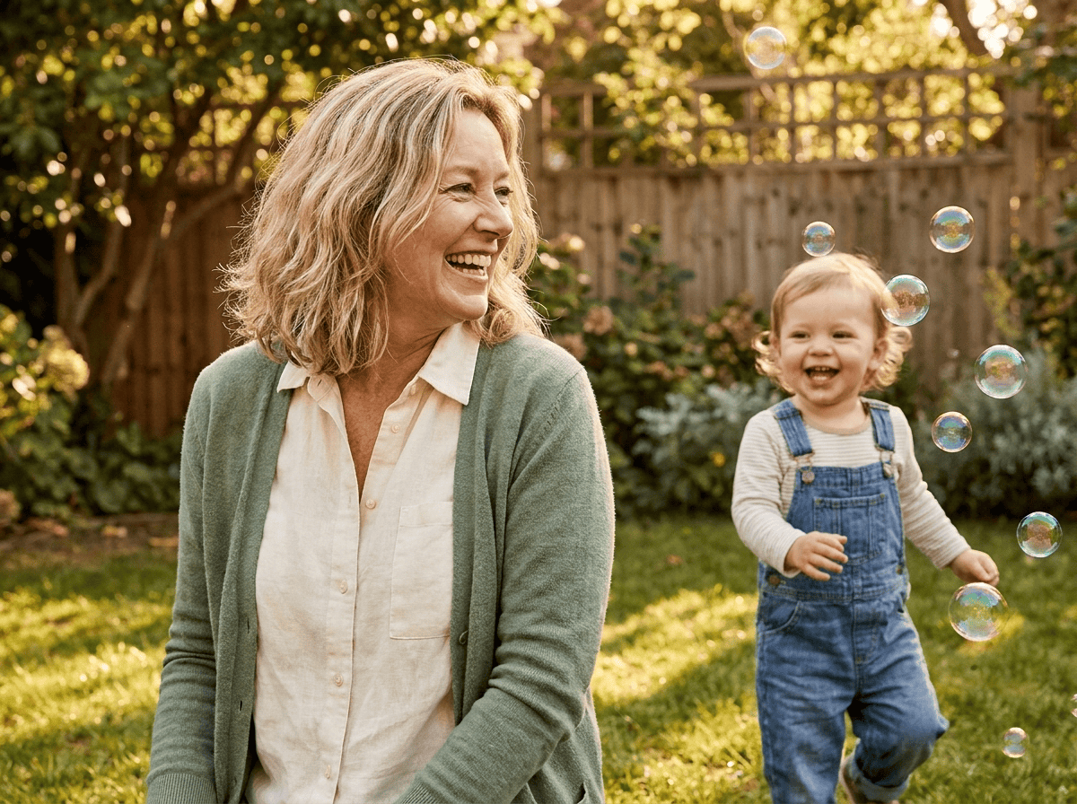 Grandparent turning to play with a laughing child