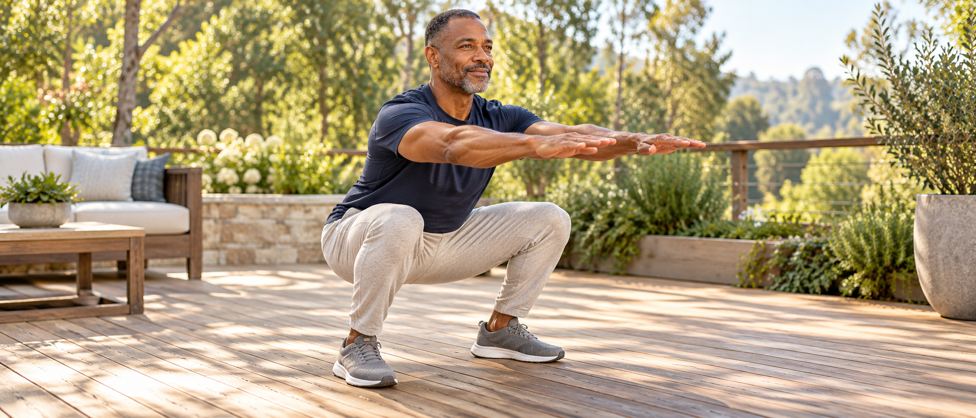 Man holding a deep, controlled squat on a backyard deck