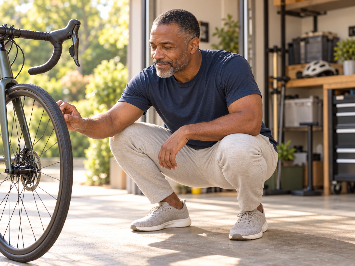 Man in an easy deep squat checking his bike tire in the garage