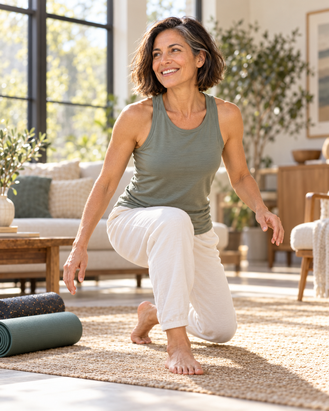 Smiling woman stretching in a lunge on her living-room floor beside a mat and foam roller