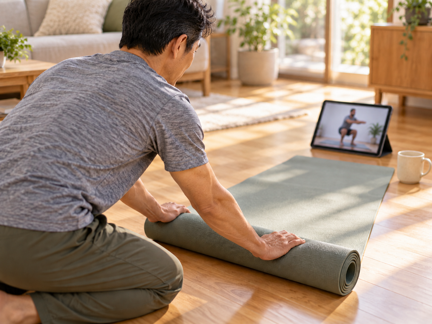 Man unrolling a mat beside a tablet showing a guided video