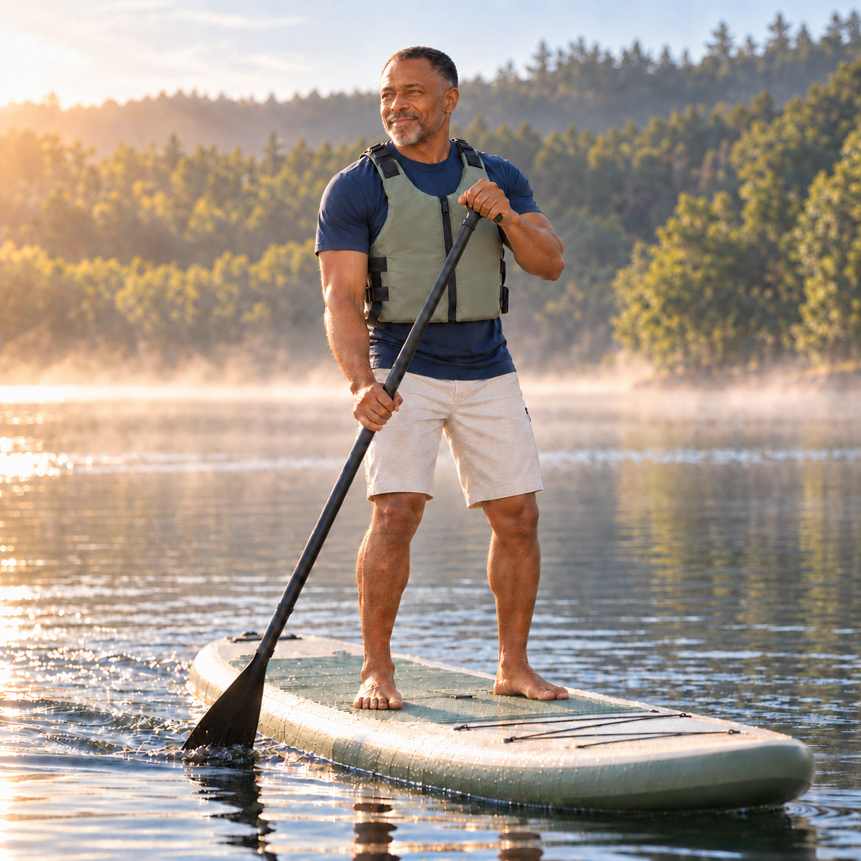 Man balanced on a paddleboard on a calm lake