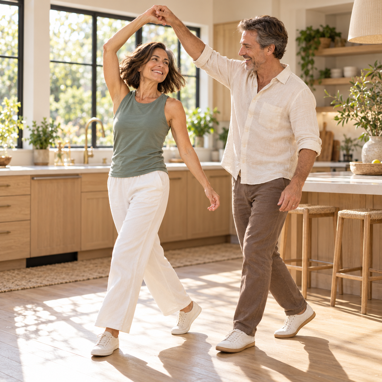 Couple dancing and laughing in a sunlit kitchen