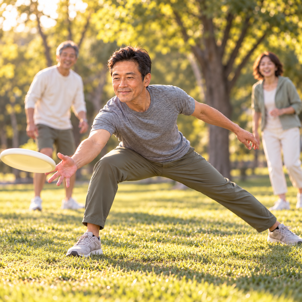 Man reaching low to catch a frisbee in the park