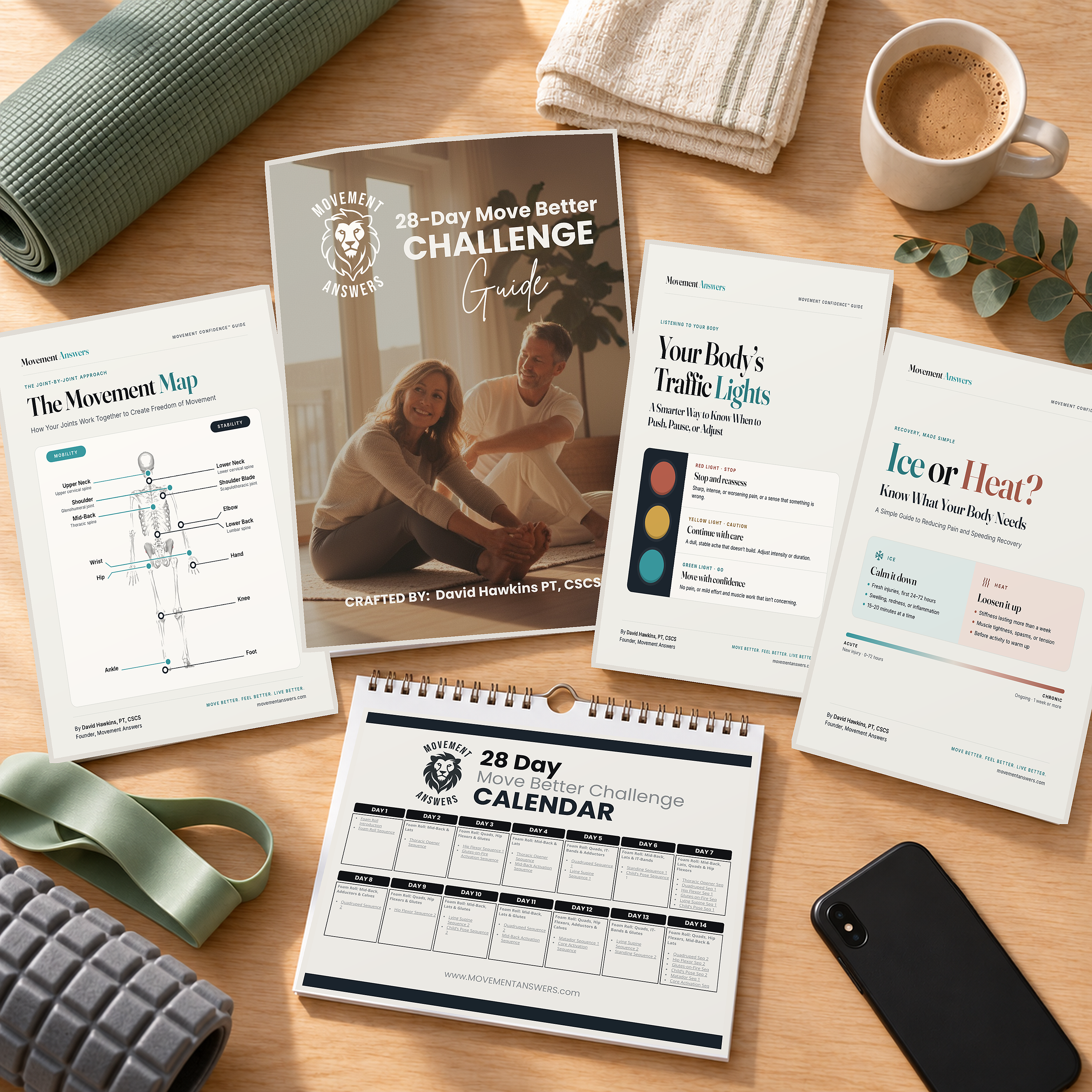 The complete 28 Day Move Better Challenge package: the Challenge Guide, the 28-day calendar, and the three bonus guides, Ice or Heat?, The Movement Map, and Your Body’s Traffic Lights