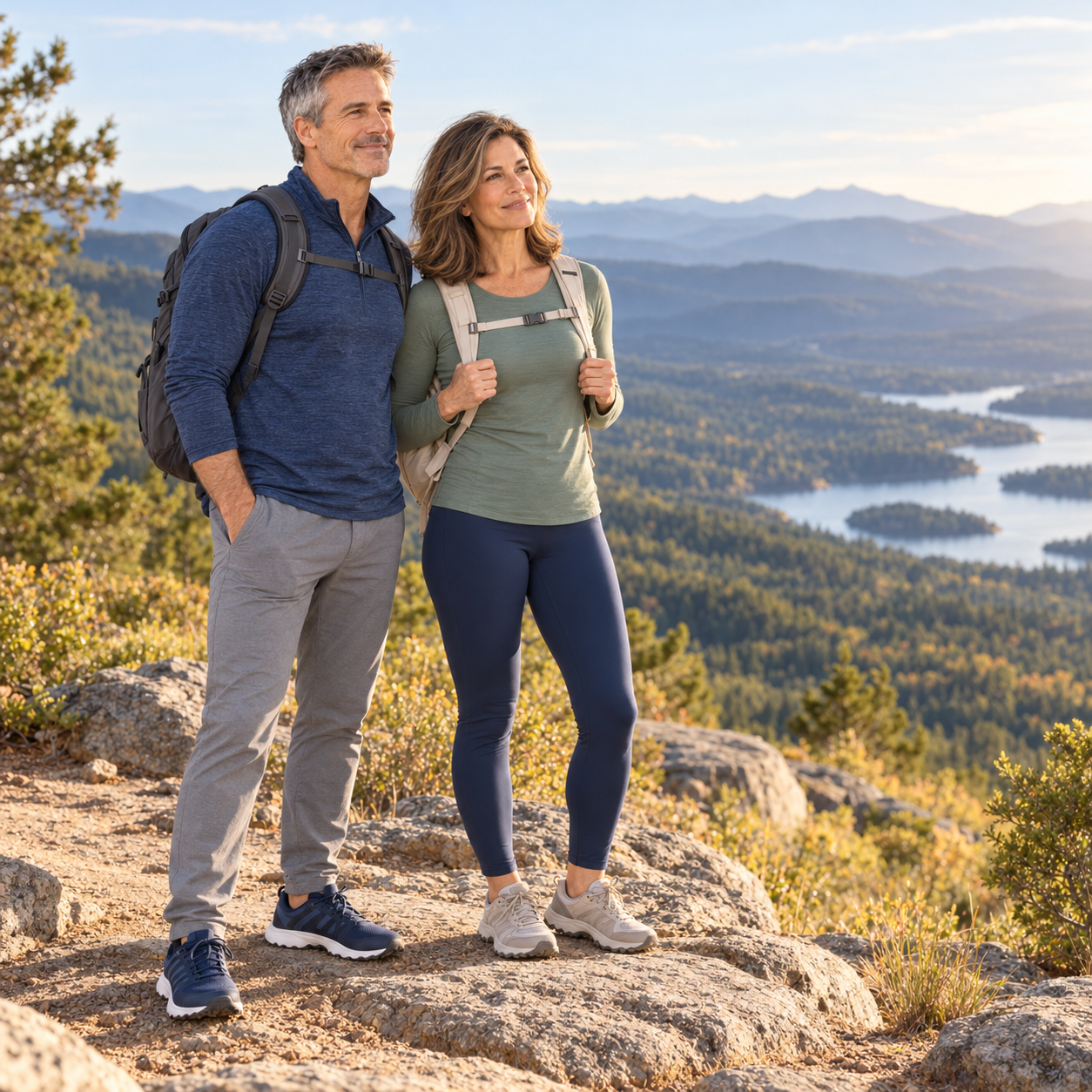 Couple with daypacks enjoying a mountain lake view from a trail overlook