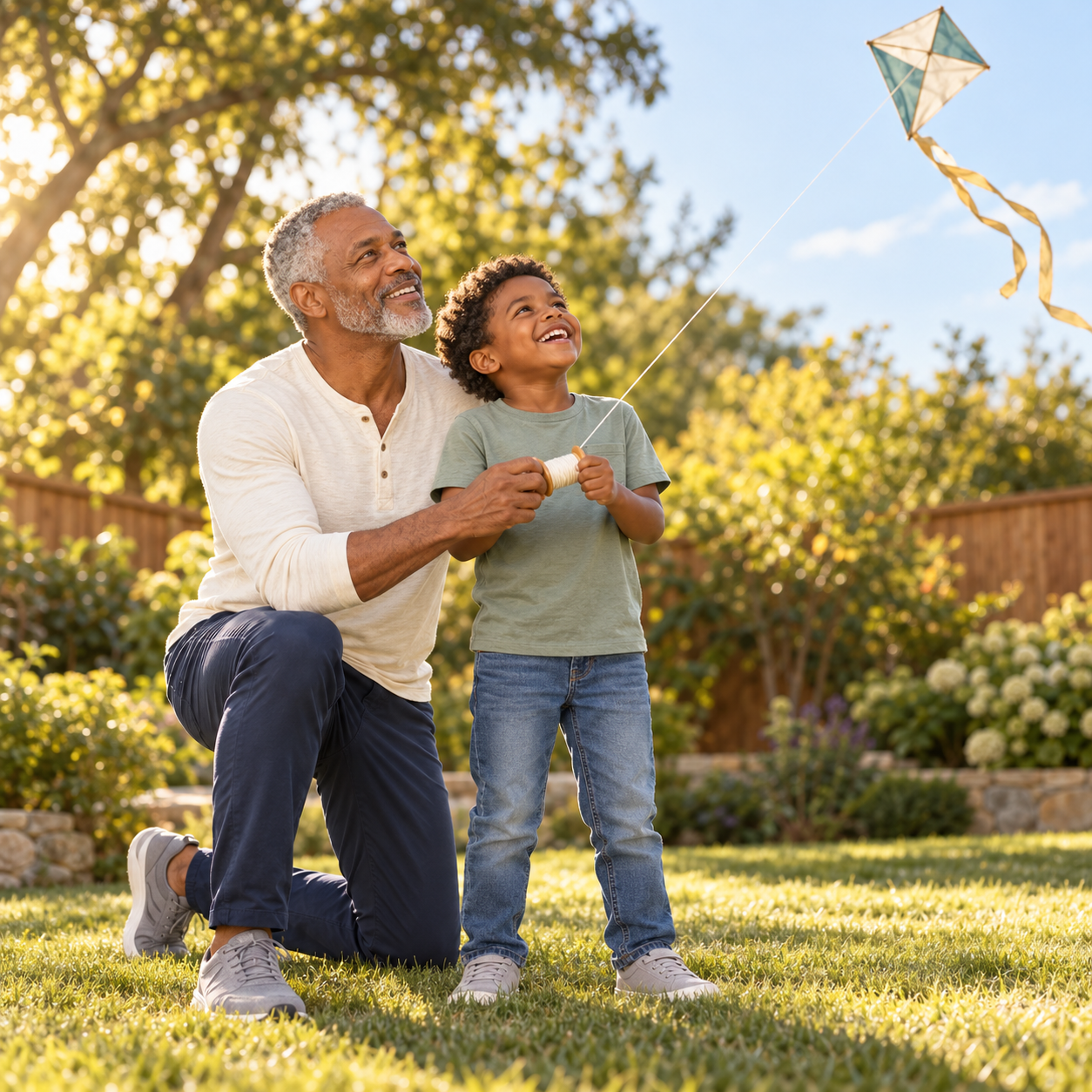 Grandfather kneeling beside his grandson as they fly a kite together