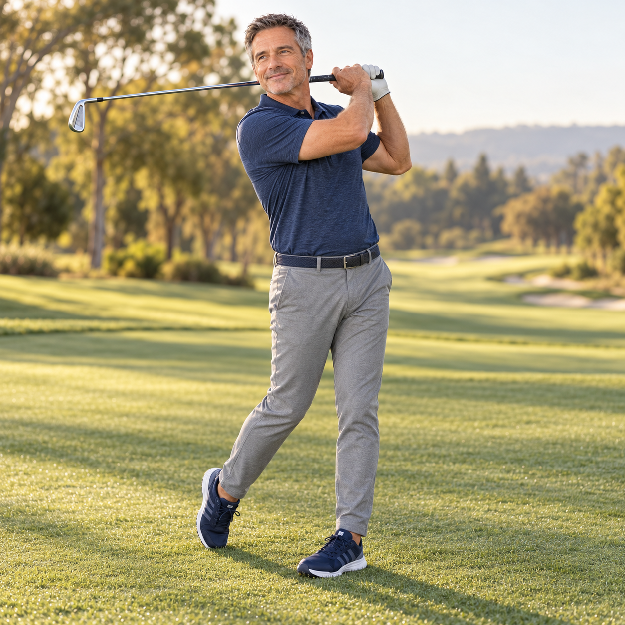 Man holding a balanced golf swing finish on a sunlit fairway