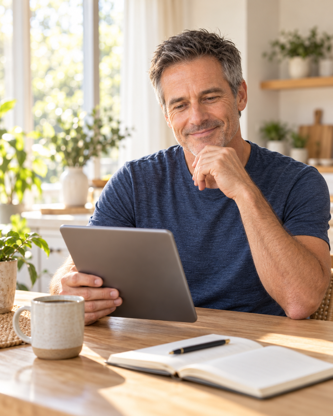 Man at his kitchen table reading on a tablet with a thoughtful smile, coffee and an open notebook beside him
