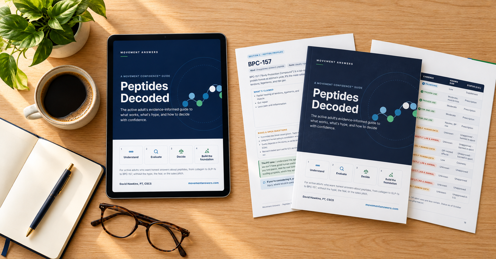 Peptides Decoded on a tablet and in print, with sample pages, coffee, glasses and a notebook