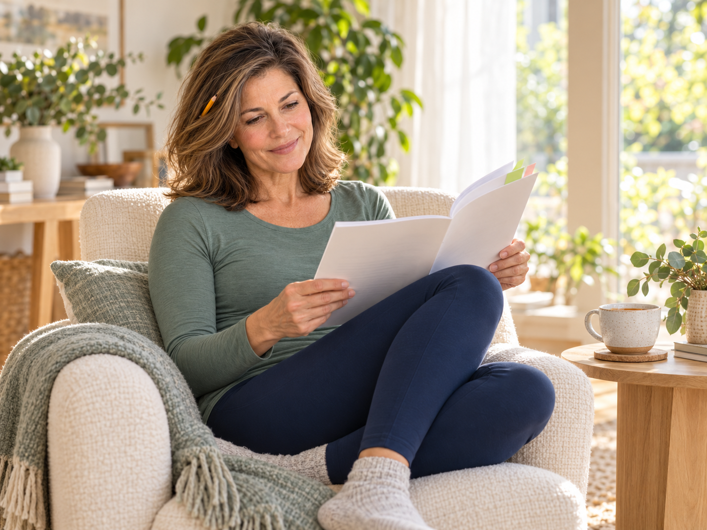 Woman relaxed in an armchair reading a printed guide marked with sticky tabs