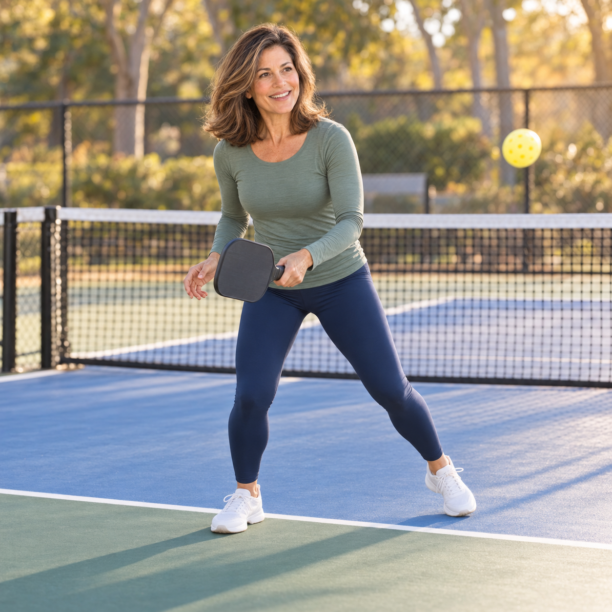 Woman smiling mid-rally on an outdoor pickleball court