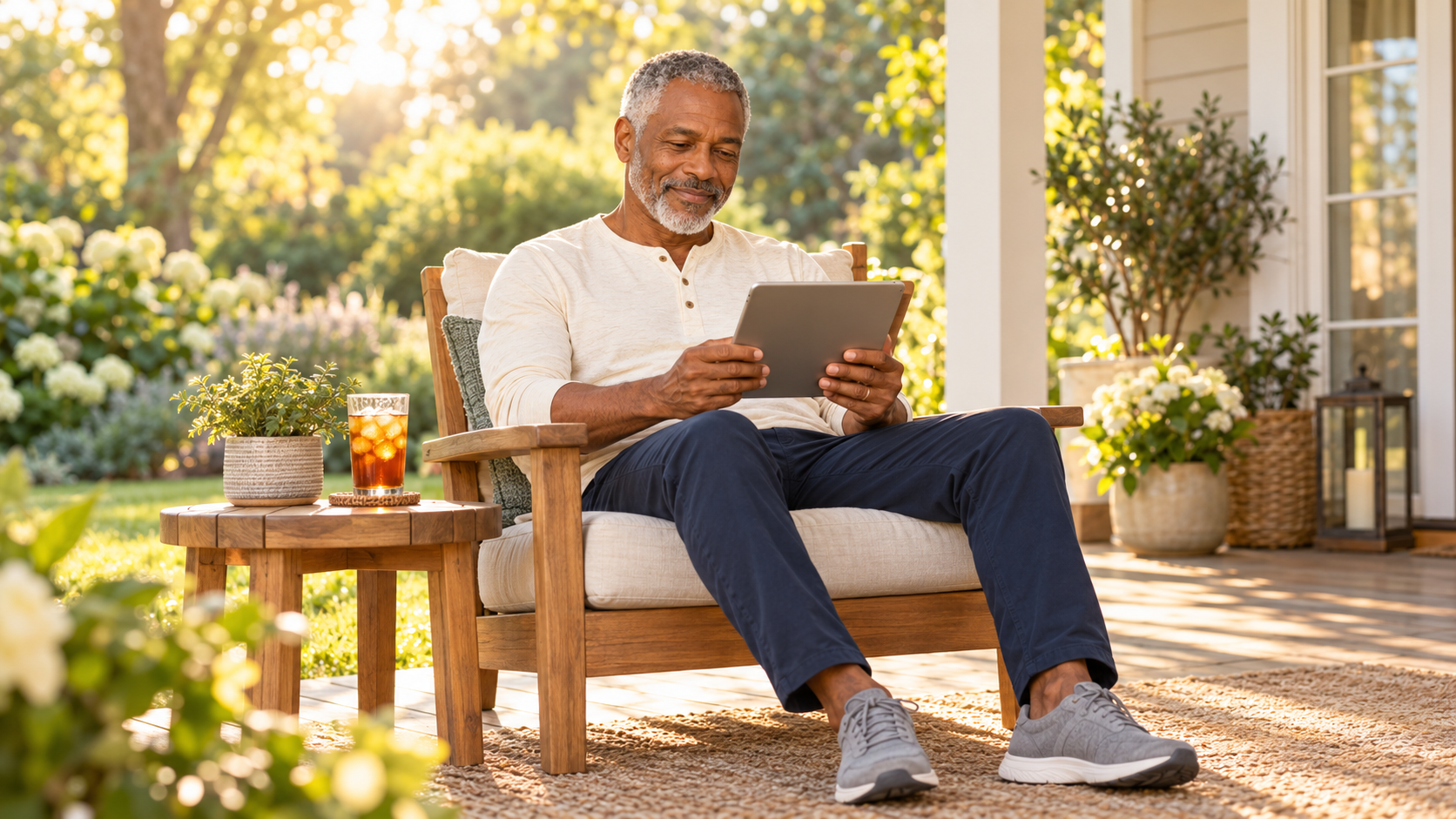 Man relaxing on a sunlit back porch reading on a tablet, iced tea beside him