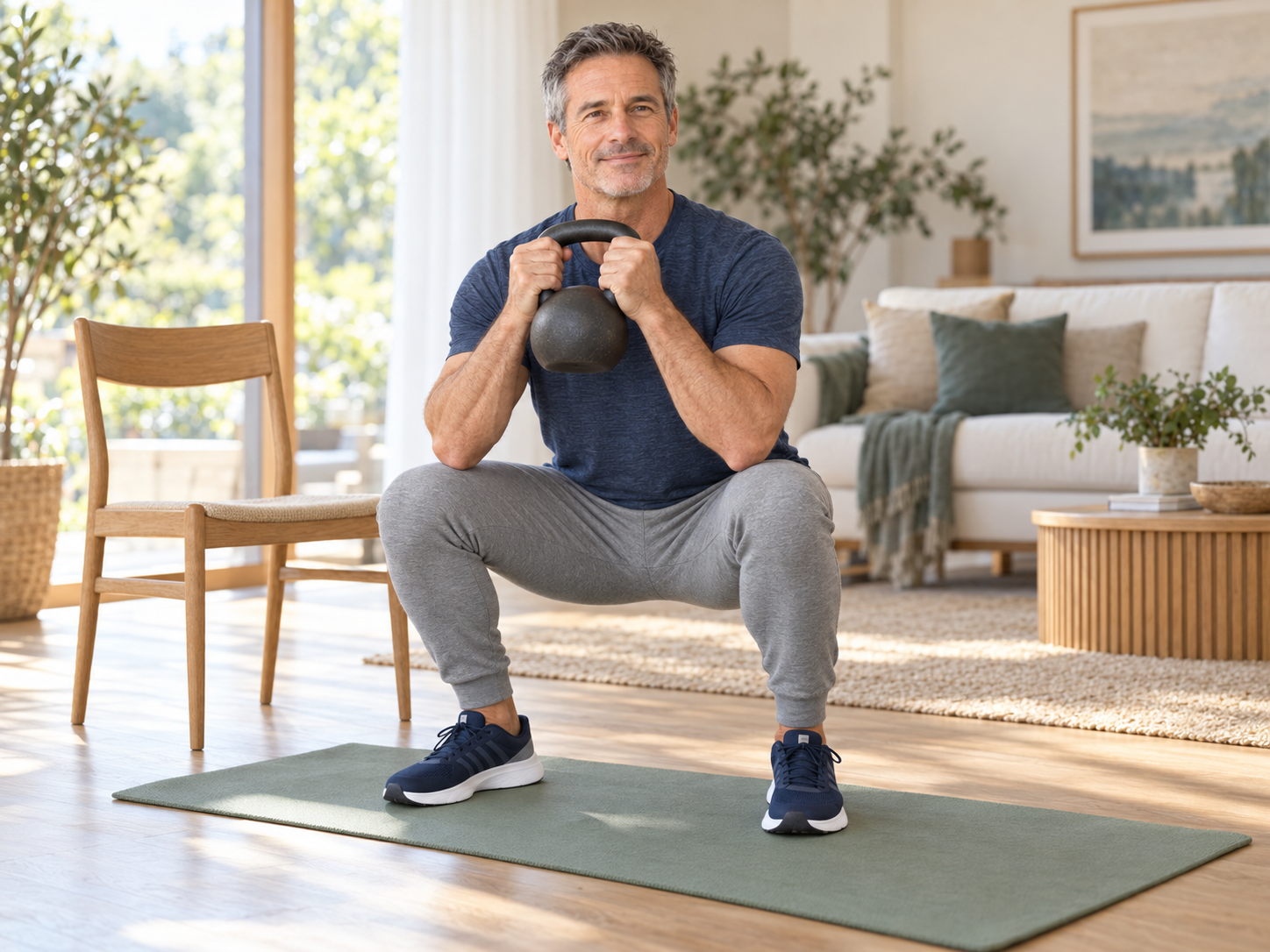 Man doing a controlled kettlebell squat on a mat in his living room