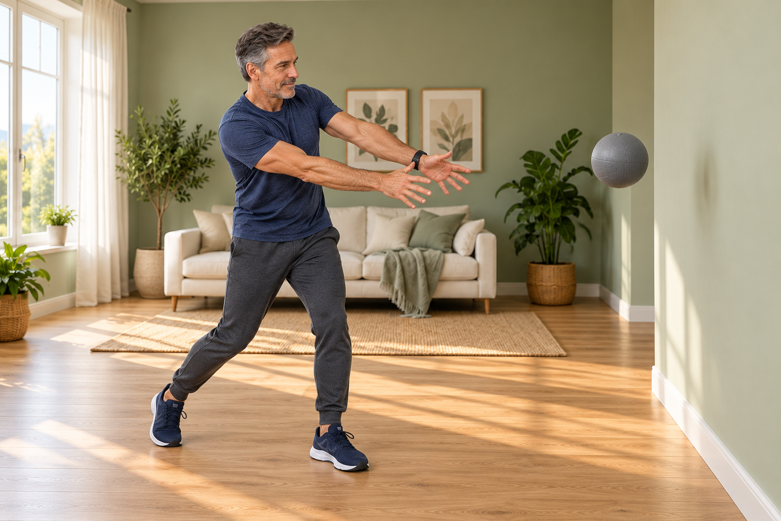 Man throwing a light medicine ball into a wall with a rotational turn