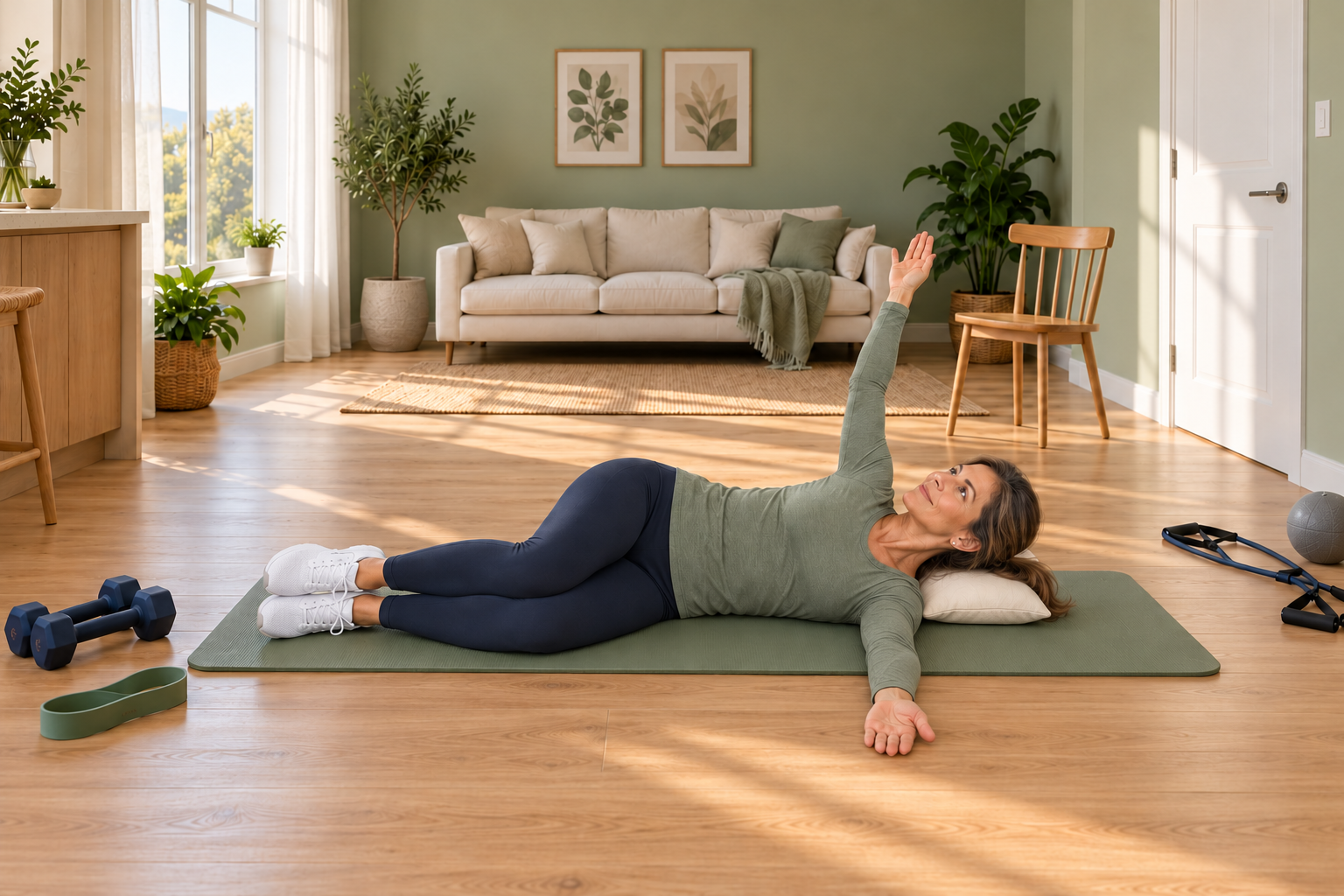 Woman doing an open-book mid-back rotation on a mat at home
