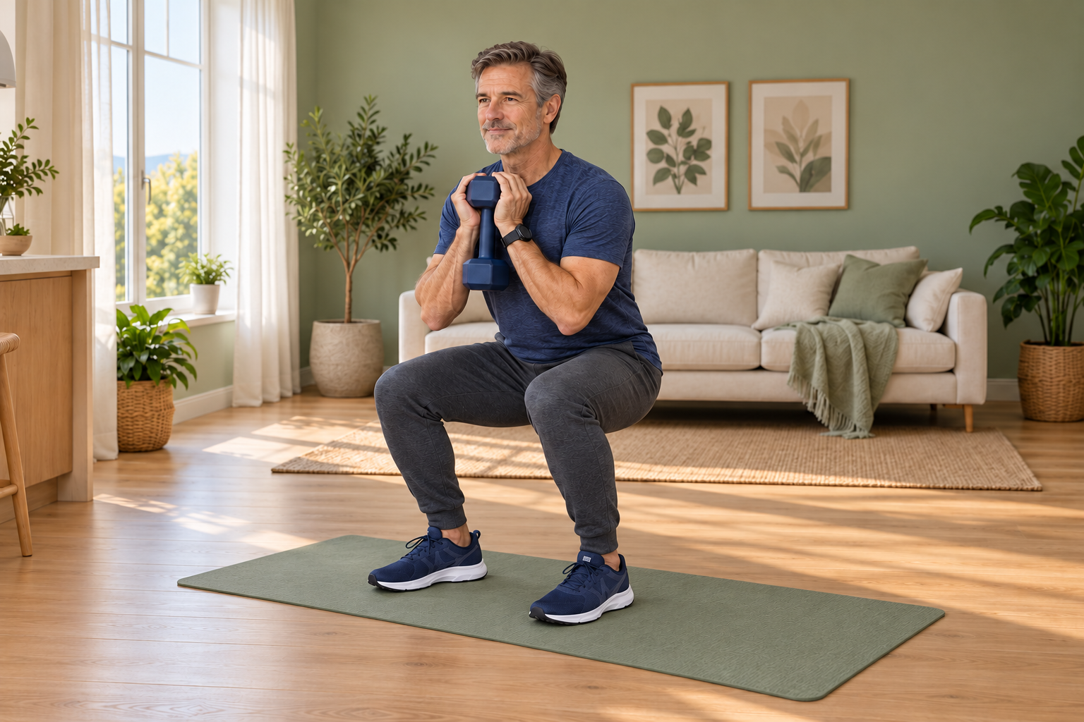 Man holding a dumbbell at his chest in a goblet box squat
