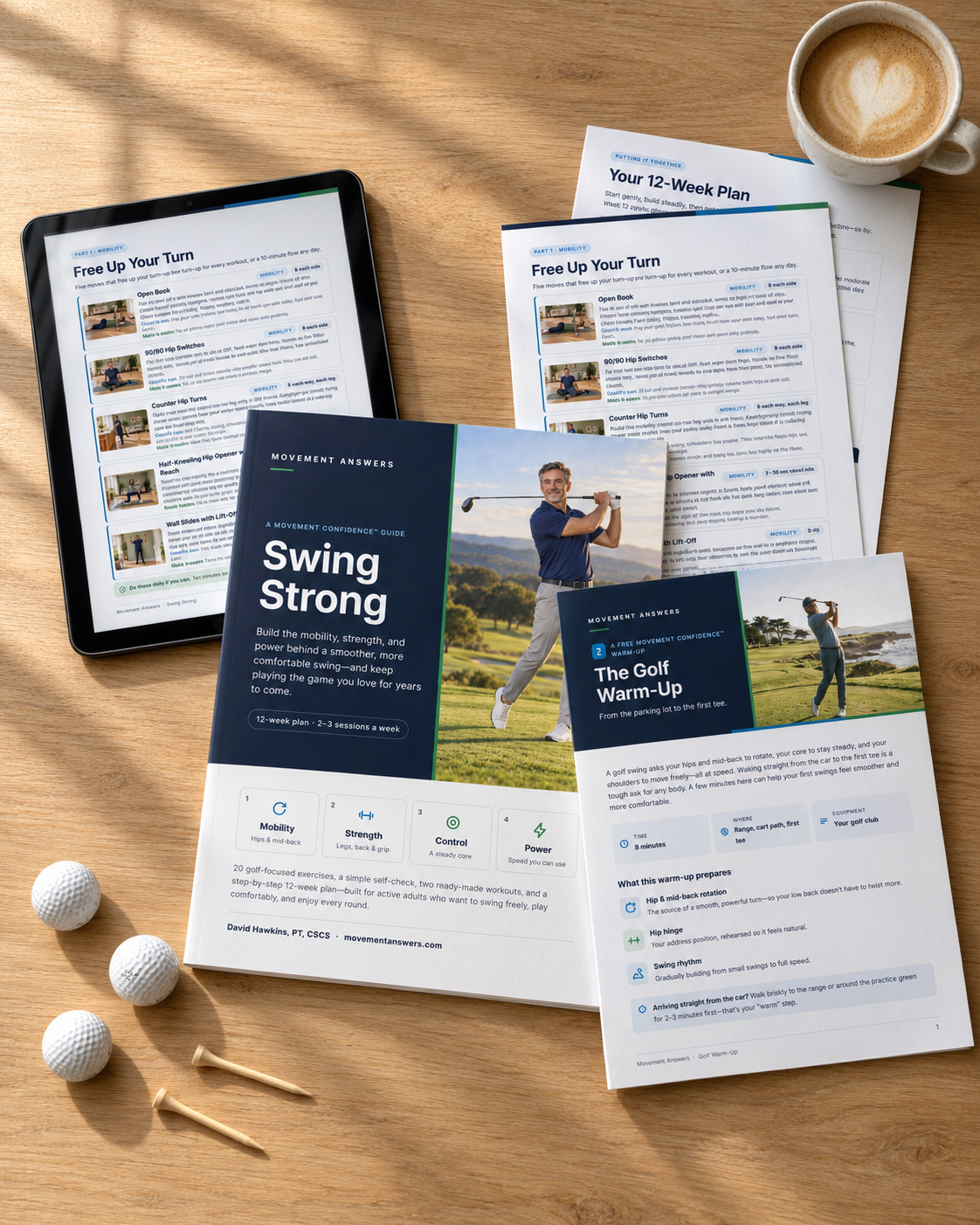 The complete Swing Strong package: the Swing Strong guide, The Golf Warm-Up, and workout pages on a tablet, with golf balls, tees, and a latte on a wooden desk