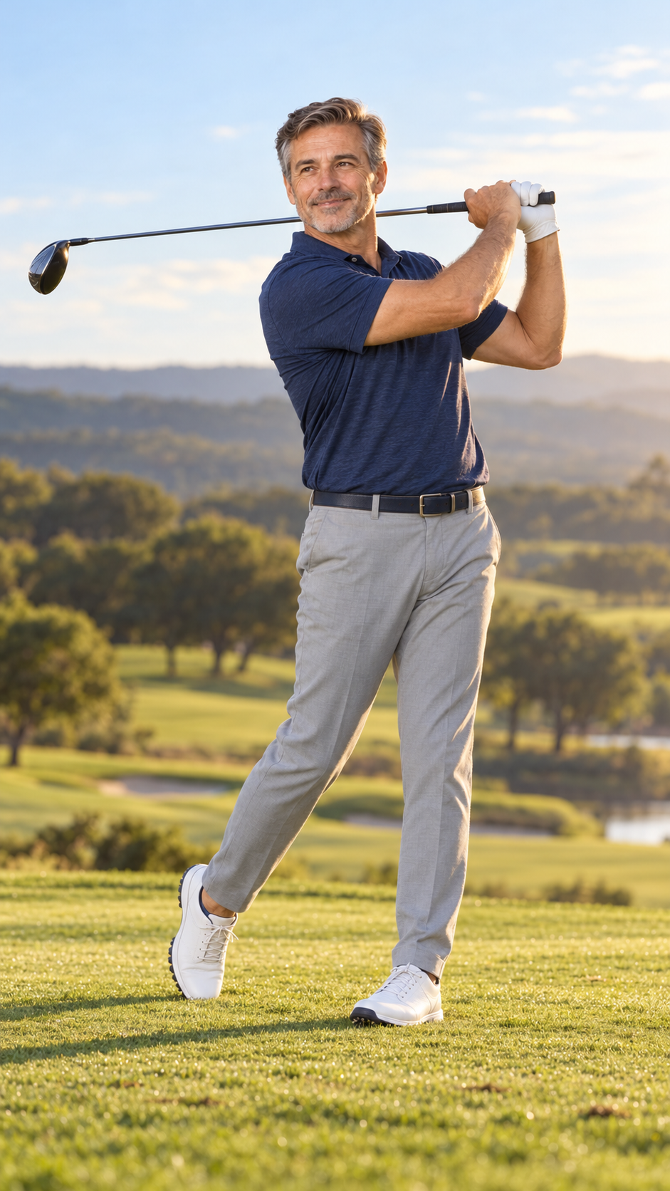 Golfer finishing a smooth swing on a sunlit course