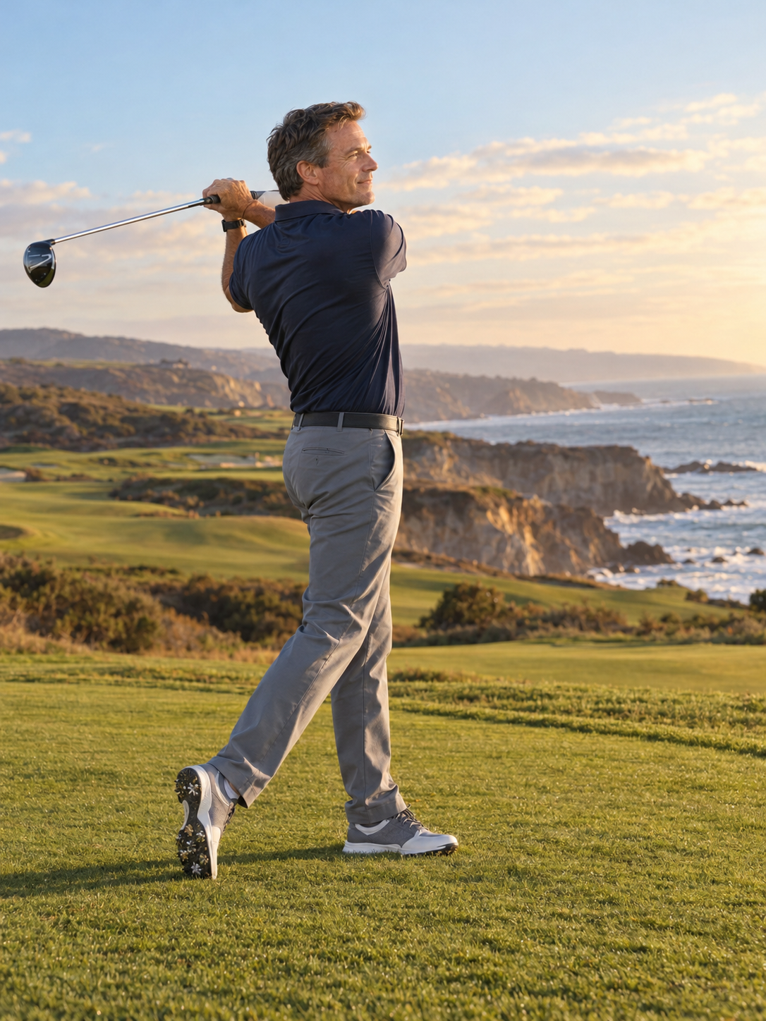 Golfer in a navy polo holding a full, balanced finish on a seaside course at sunset