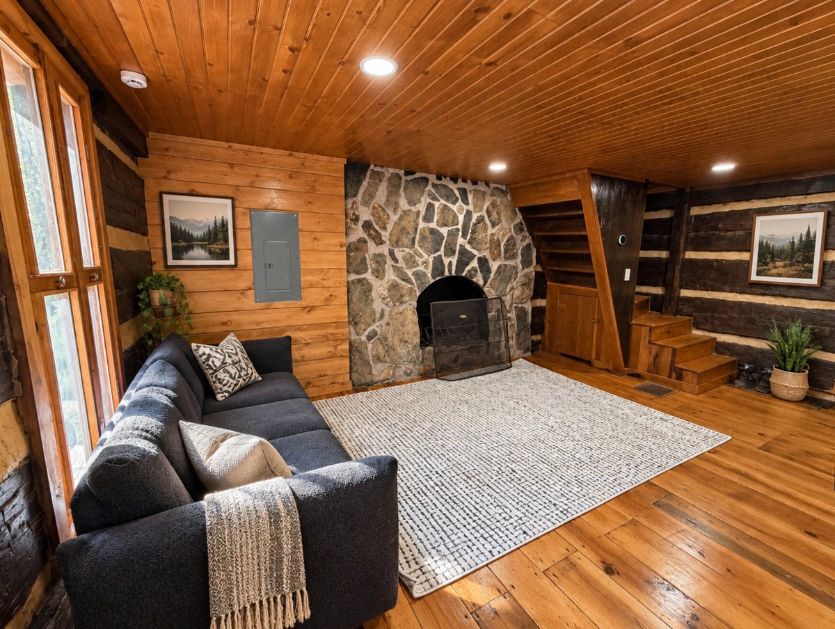 Amos — The fireplace and stairs