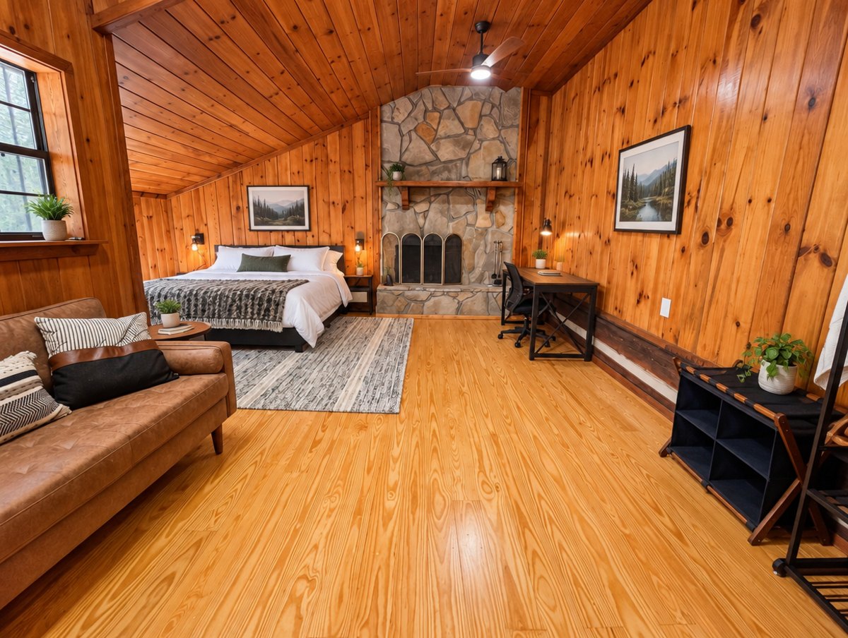 The Lodge — Bedroom with fireplace