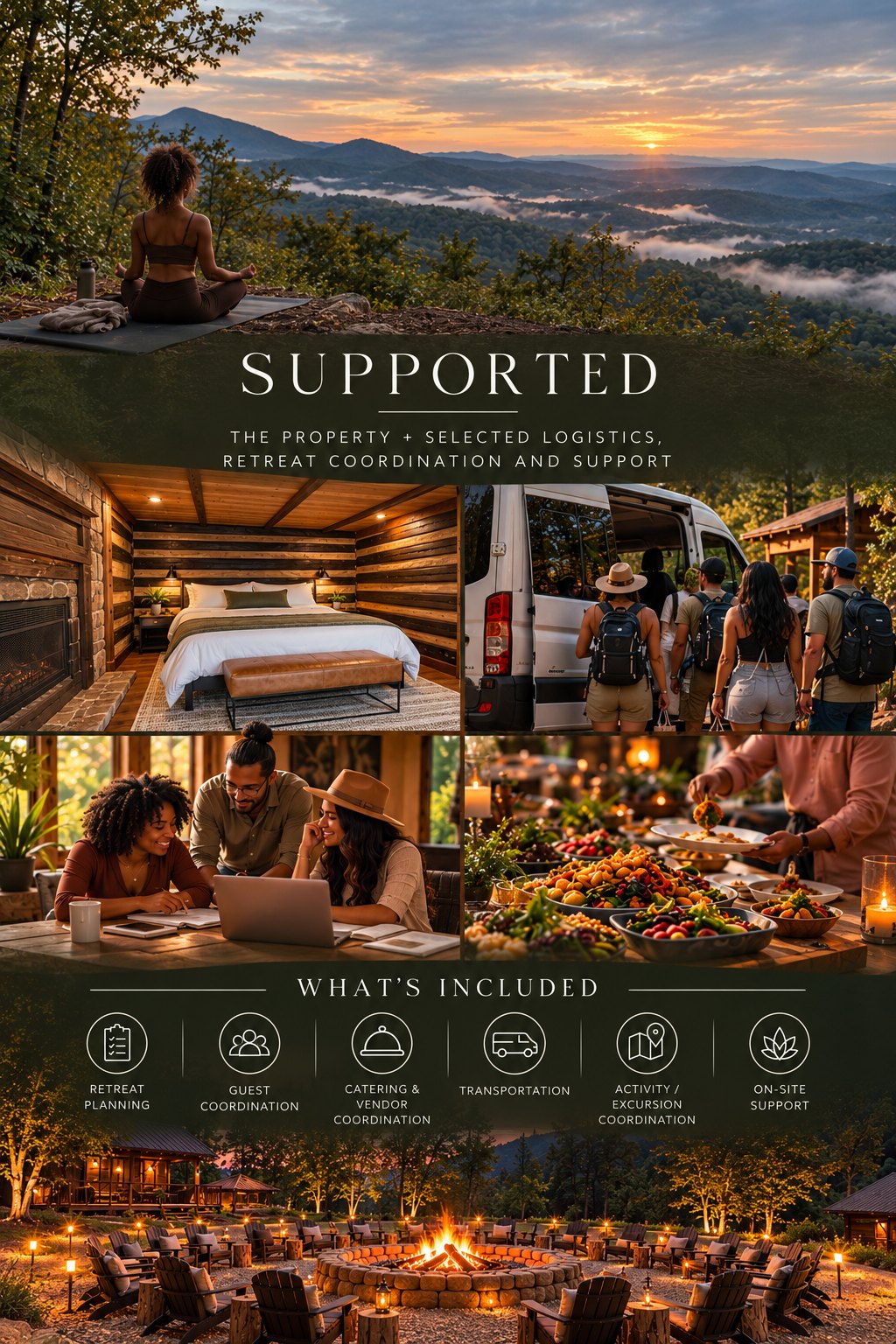 Supported: the property plus selected logistics, retreat coordination and support
