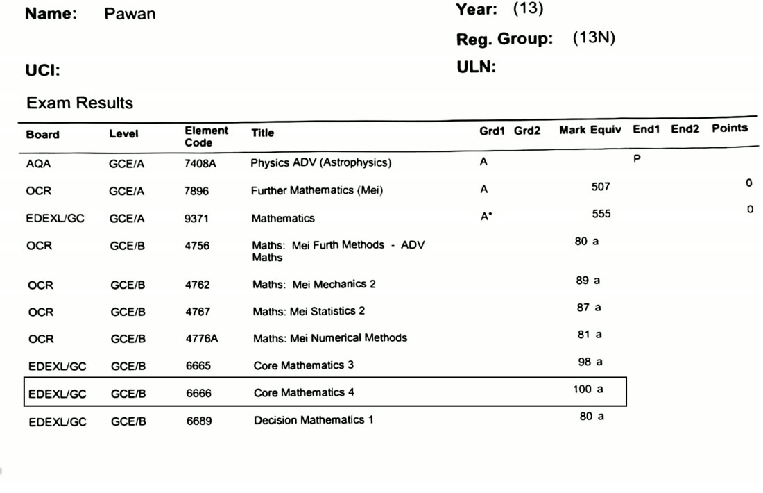 Pawan's A-Level results: A* in Mathematics