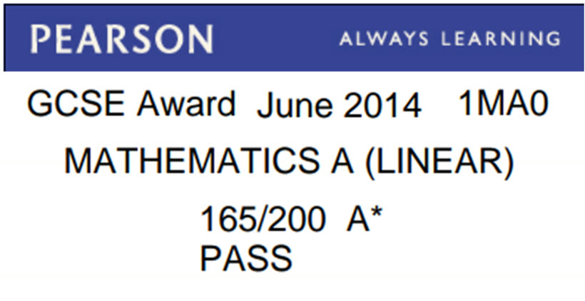 Pawan's GCSE Mathematics certificate: 165/200, A*