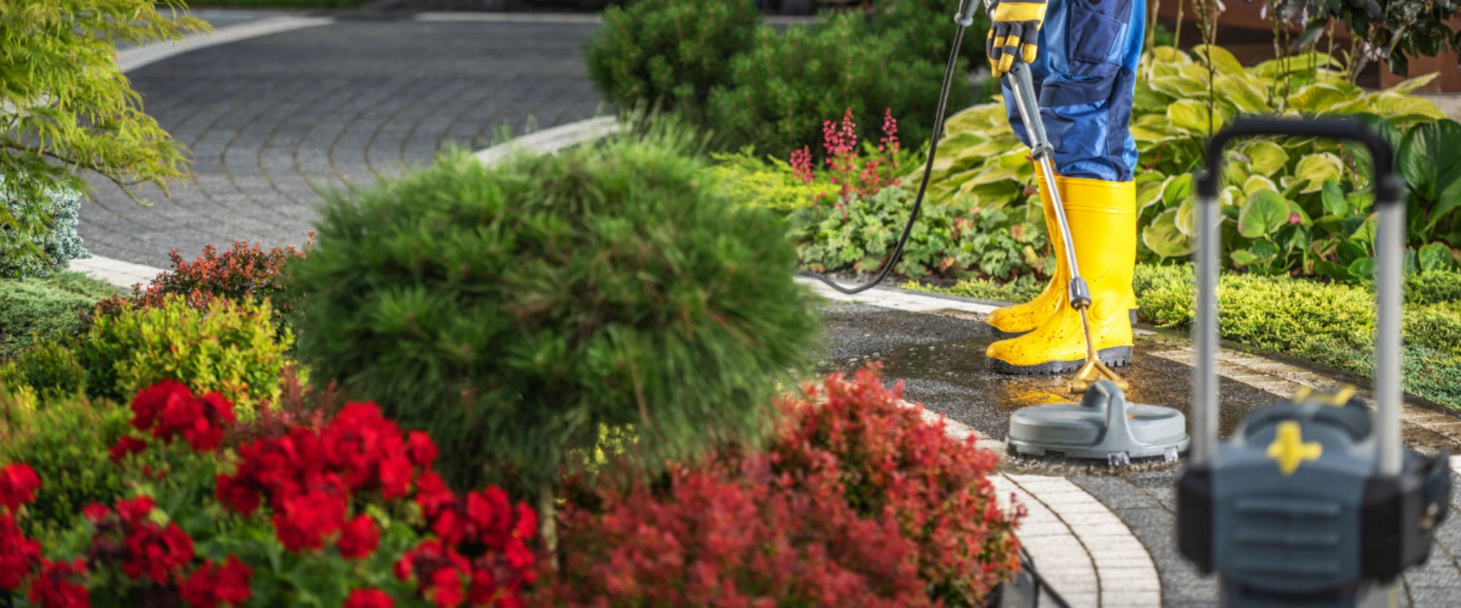 Surface cleaner attachment pressure washing garden pathway surrounded by plants