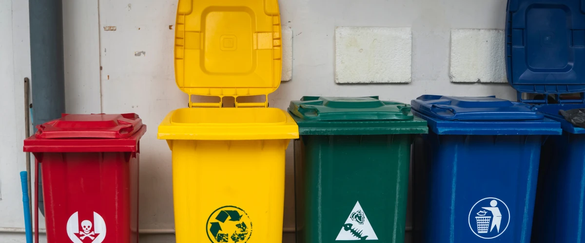 Red yellow green and blue recycling bins with the yellow lid open