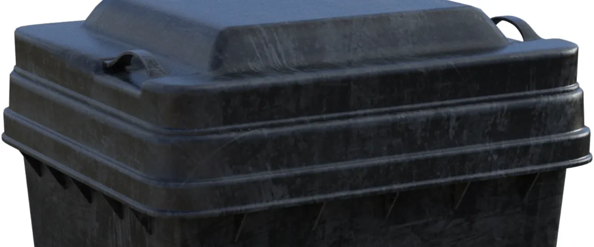 Large black plastic waste container used for garbage collection