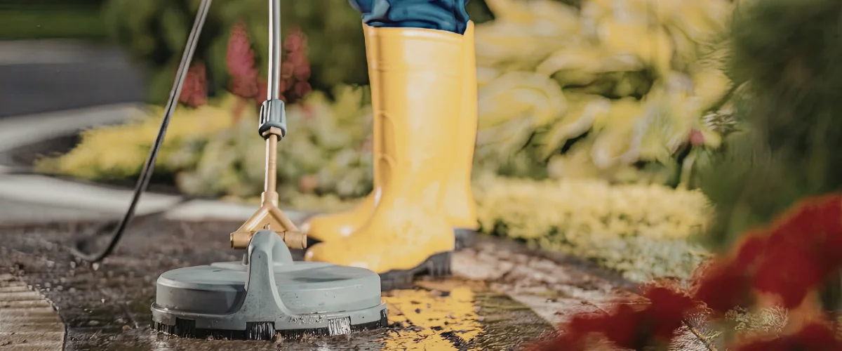 A person in blue jeans and yellow rubber boots uses a gray surface cleaner to power wash a wet patio. A person in blue jeans and yellow rubber boots uses a gray surface cleaner to power wash a wet patio.