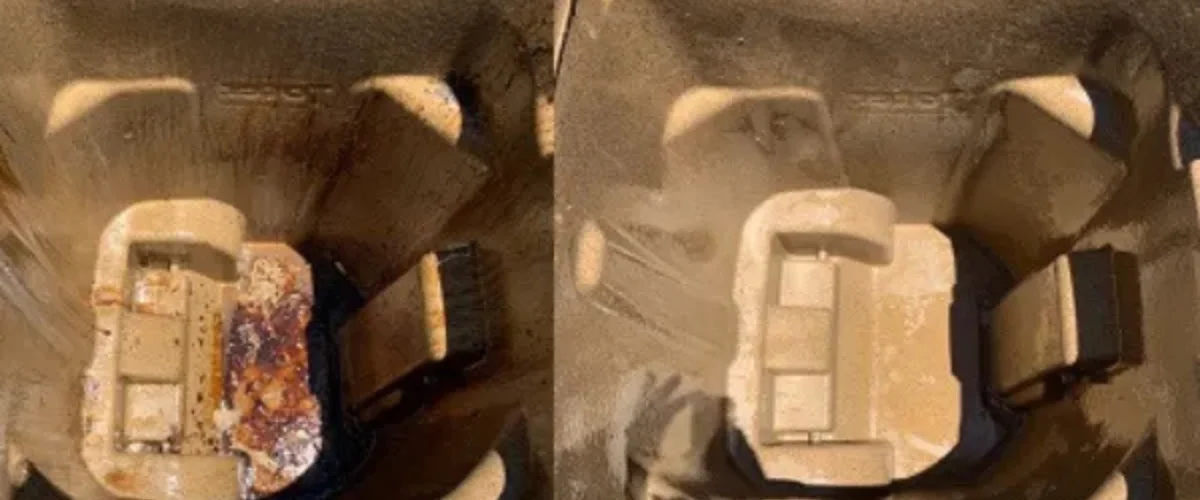 A split image showing the inside of a well-used coffee machine portafilter before and after cleaning. A split image showing the inside of a well-used coffee machine portafilter before and after cleaning.