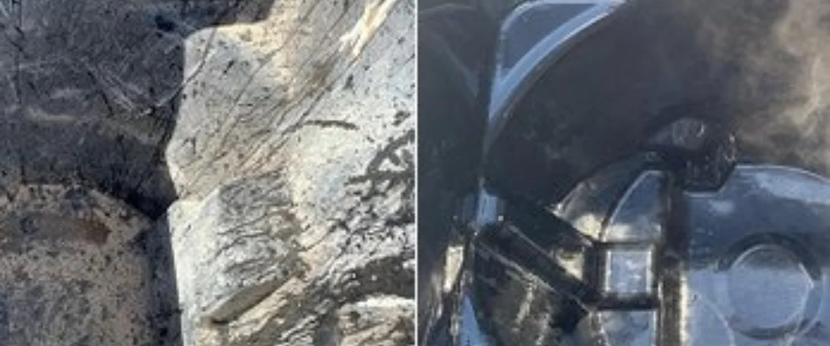 A split image with a rugged gray rock face on the left and a dark, multi-faceted machine component with a misty top on the right. A split image with a rugged gray rock face on the left and a dark, multi-faceted machine component with a misty top on the right.