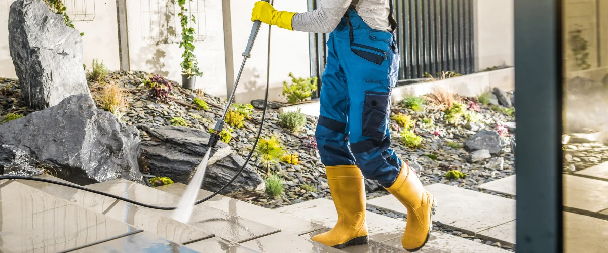 A man in work clothes and yellow boots pressure washing a dark gray gate with sunlight glinting through. A man in work clothes and yellow boots pressure washing a dark gray gate with sunlight glinting through.