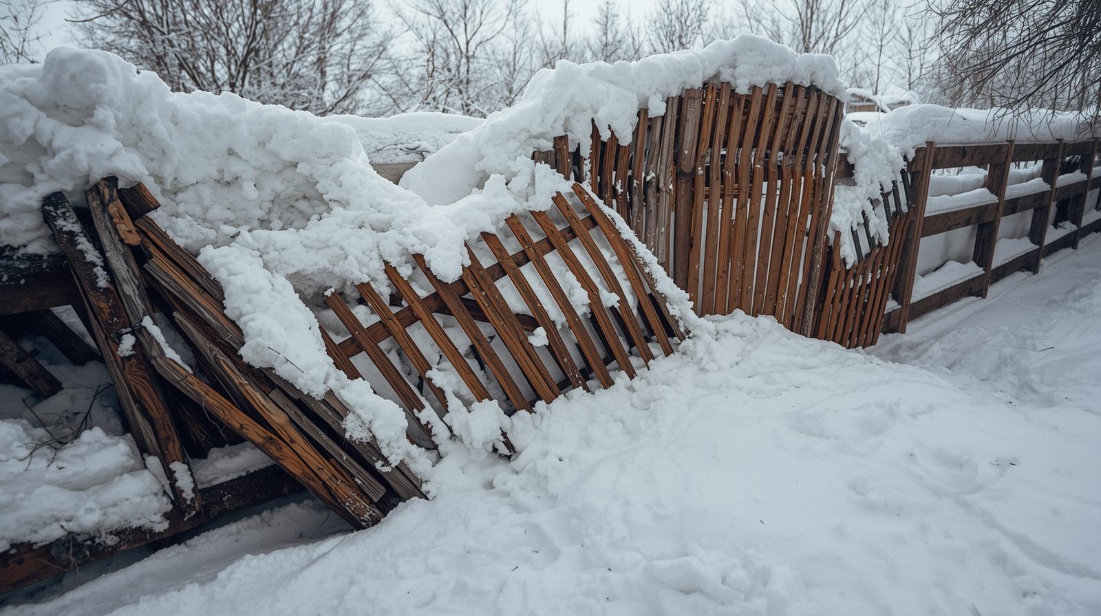 Wood privacy fence collapsed after heavy snow accumulation in Wisconsin showing structural failure and weakened fence posts.